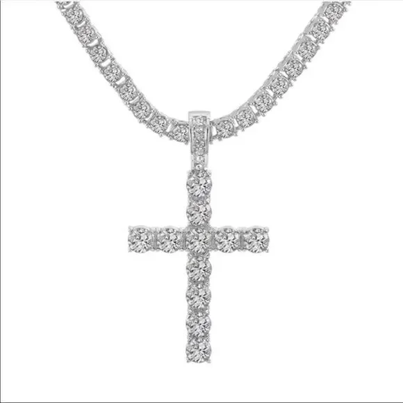 Cross Pendant Necklace with 4mm Tennis Chain Iced  Necklace Jewelry Silver chain - Picture 3 of 8